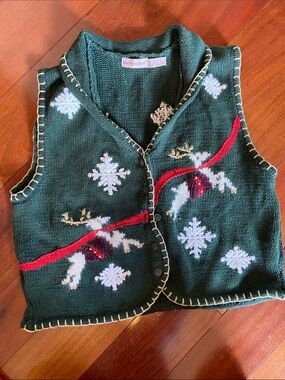 Vintage 90s Lauren Hansen Green Holiday Knit Sweater Vest with Snowflakes